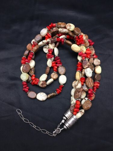 Navajo Sterling Silver Wild Horse Turquoise Coral Necklace | 3-Strand | Authentic Native American Handmade | 3097