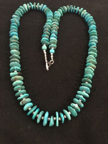 Santo Domingo Kingman Turquoise Necklace | Sterling Silver | 21" | Authentic Native American Handmade | 3996 - Masha USA