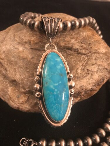 Navajo Yazzie Blue Turquoise Pendant 2.5" | Sterling Silver Necklace | Native American | 3232