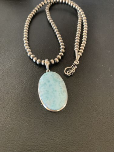 Navajo Blue Larimar Pendant Beads Necklace | Sterling Silver | Authentic Native American Handmade | 1763 - Masha USA