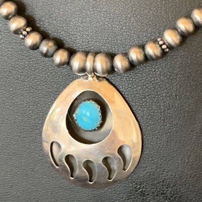 Navajo Bear Paw Pendant Necklace | Sterling Silver | Blue Turquoise | Men's | Authentic Native American Handmade | 12550