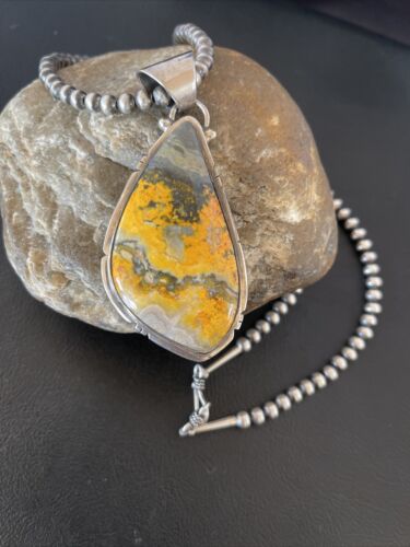 Men's Navajo Pearls Necklace with Bumblebee Jasper Pendant | Sterling Silver | Authentic Native American Handmade | 10556