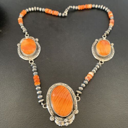 Navajo Pearls Orange Spiny Oyster Necklace Pendant | Sterling Silver | Authentic Native American Handmade | 10818