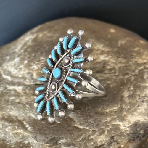 Zuni Blue Turquoise Cluster Needle Point Ring | Authentic Native American Sterling Silver | Multi-Stone | Sz 9 | 14568