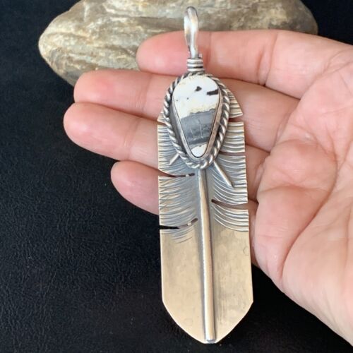 Navajo White Buffalo Turquoise Feather Pendant | Sterling Silver | Authentic Native American Handmade | 13987