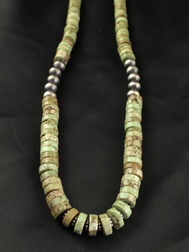 Navajo Men's Green Turquoise Heishi Necklace | Sterling Silver | 8mm | 22" | Authentic Native American Handmade | 10137