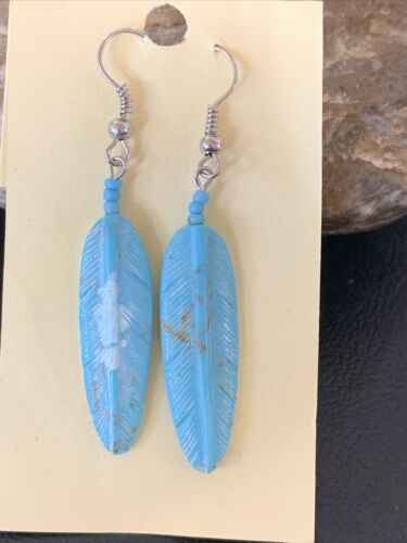 Navajo Turquoise Feather Slab Earrings | Sterling Silver Dangle | Authentic Native American Handmade | 12008