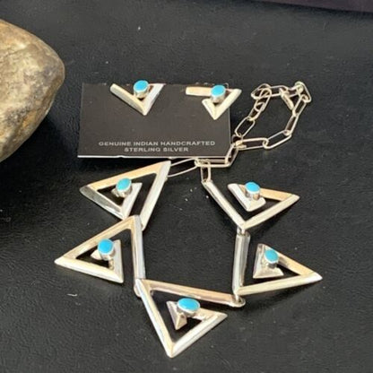 Navajo Squash Blossom Necklace & Earrings Set | Kingman Turquoise | Sterling Silver | Authentic Native American Handmade | 10926