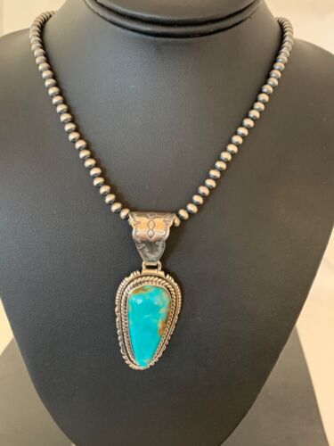 Navajo Kingman Turquoise Necklace Pendant Set | Sterling Silver | Authentic Native American Handmade | 2992