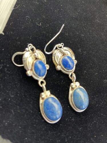 Native American Navajo Denim Lapis Dangle Earrings | Sterling Silver | 2" | 01792 - Masha USA