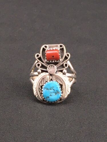 Navajo Southwestern Blue Turquoise & Coral Ring | Authentic Native American Sterling Silver | Multi-Stone | Sz 9.5 | 4857