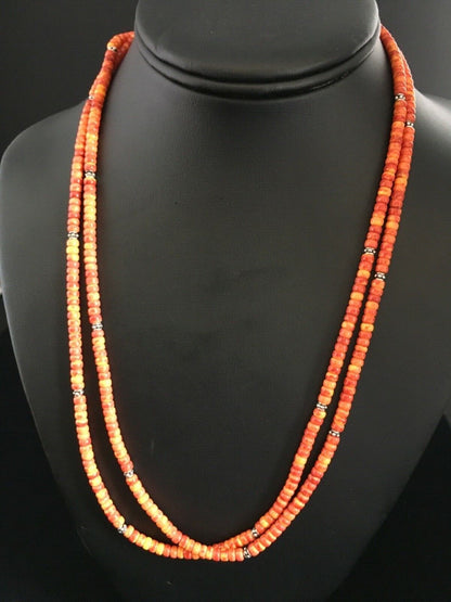 Southwestern Red Orange Spiny Heishi Necklace | Sterling Silver | 20" | 1782