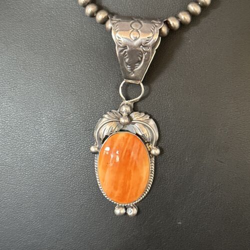 Navajo Orange Spiny Oyster Pendant Necklace | Sterling Silver | Authentic Native American Handmade | 14685