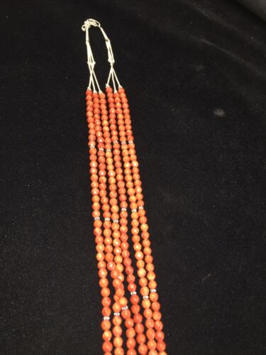 Southwestern Navajo Faceted Red Coral Bead Necklace | Sterling Silver | Authentic Native American Handmade | 01819