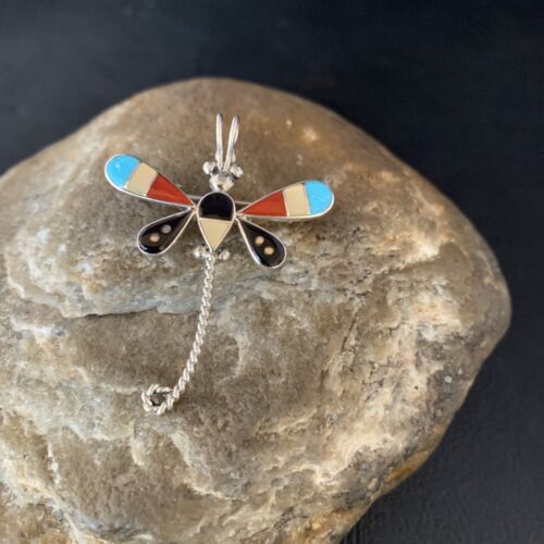 Zuni Turquoise Mother of Pearl Inlay Dragonfly Necklace Pin Pendant | Sterling Silver | 12321