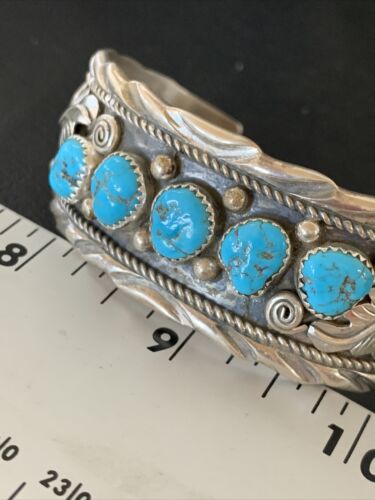 Navajo Sterling Silver Blue Kingman Turquoise Cuff Bracelet | 5 Stone | Authentic Native American Handmade | 12161