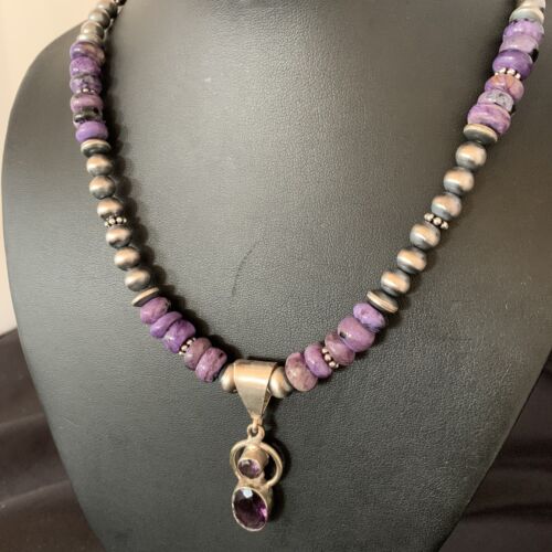 Navajo Purple Charoite and Amethyst Pendant Necklace | Authentic Native American Sterling Silver | Multi-Stone | 22" | 13412