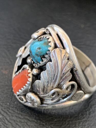 Navajo Blue Kingman Turquoise & Coral Feather Ring | Authentic Native American Sterling Silver | Multi-Stone | Sz 10 | 12218