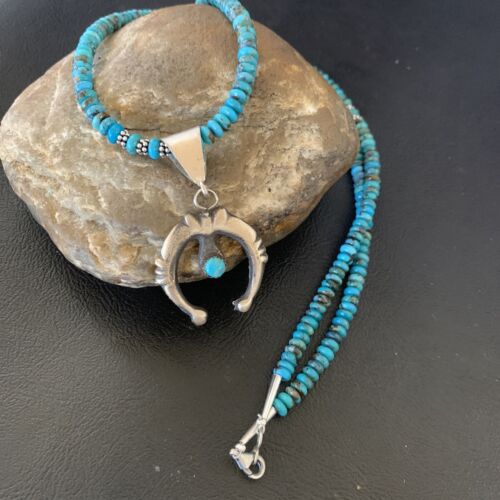 Navajo Sterling Silver Blue Turquoise Pendant Necklace | 6mm Beads | 24" | Authentic Native American Handmade | 12776