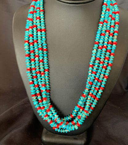 Southwestern Santo Domingo Coral Spiny Blue Turquoise Necklace | 5 Strand | 22" | 12049