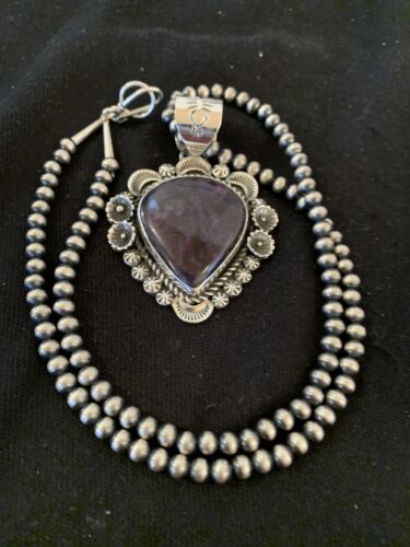 Men's Navajo Pearls Necklace with Purple Sugilite Pendant | Sterling Silver | Authentic Native American Handmade | 00541