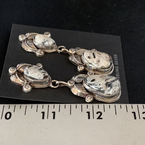 Navajo White Buffalo Turquoise Dangle Earrings Set | Sterling Silver | Authentic Native American Handmade | 13753