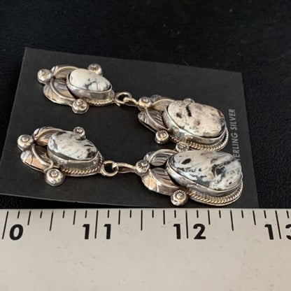 Navajo White Buffalo Turquoise Dangle Earrings Set | Sterling Silver | Authentic Native American Handmade | 13753