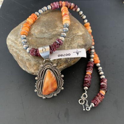 Navajo Sterling Silver Necklace | Orange Purple Spiny Oyster Pendant | 00780