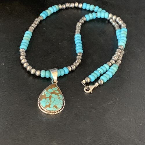 Navajo Blue Turquoise Pendant Necklace | Sterling Silver | Authentic Native American Handmade | 13827