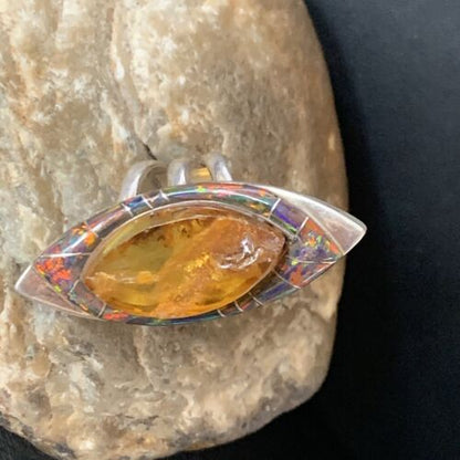 Navajo Sterling Silver Opal Inlay Ring | Sz 9 | Authentic Native American Handmade | 12851