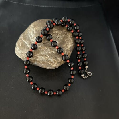 Men's Navajo Bamboo Coral Black Onyx Necklace | Sterling Silver | 20" | Authentic Native American Handmade | 14365