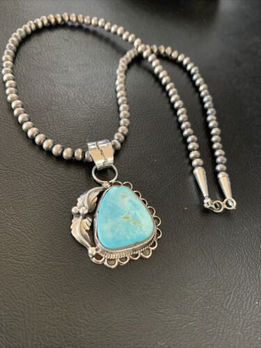 Blue Dry Creek Turquoise Pendant | Navajo Pearl Necklace | Men's Sterling Silver | 12976