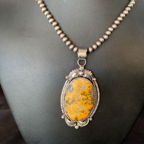 Navajo Bumblebee Jasper Pendant Necklace | Sterling Silver | Authentic Native American Handmade | 14202