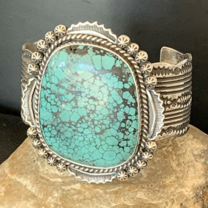 Men's Navajo Blue Spiderweb Turquoise Cuff Bracelet | Sterling Silver | Authentic Native American Handmade | 1631