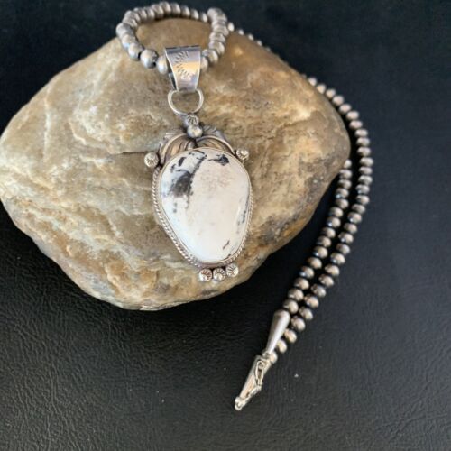 Men's Navajo Pearl White Buffalo Turquoise Necklace Pendant | Sterling Silver | Native American | 13739