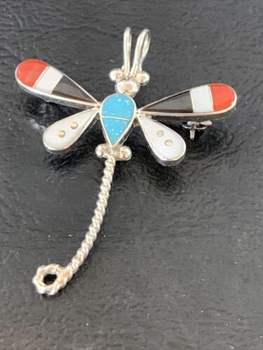 Zuni Turquoise Mother of Pearl Inlay Dragonfly Necklace Pin Pendant | Sterling Silver | 12319