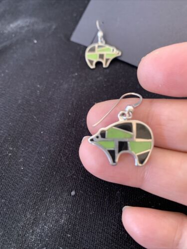 Navajo Green Gaspeite & Onyx Bear Inlay Earrings | Sterling Silver | 0.25" | 1512