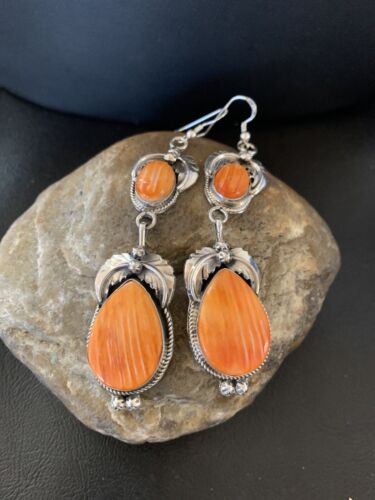 Navajo Orange Spiny Oyster Dangle Earrings | Sterling Silver | Authentic Native American Handmade | 12201