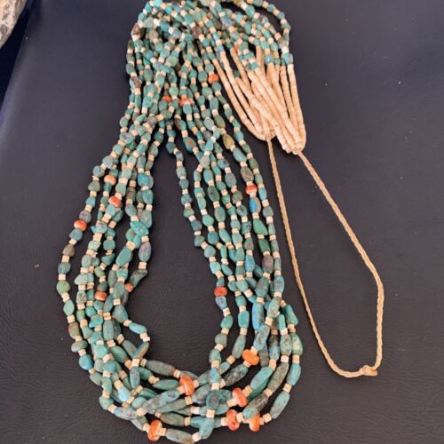 Native American Santo Domingo 7-Strand Necklace | Shell & Green Turquoise | 38" | 12051