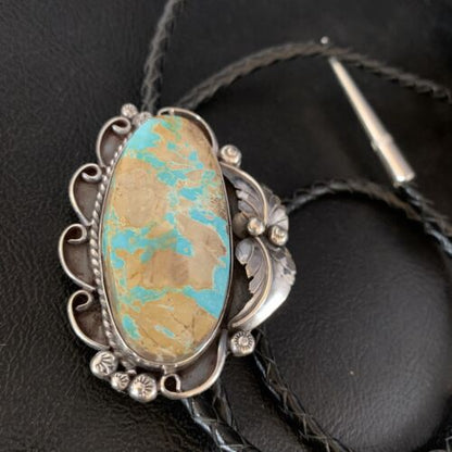 Navajo Green Royston Turquoise Bolo Tie | Sterling Silver | Authentic Native American Handmade | 14106
