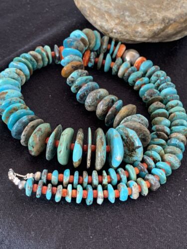 Navajo Natural Blue Turquoise & Spiny Oyster Necklace | Sterling Sliver | Graduated | Authentic Native American | 28" | 330