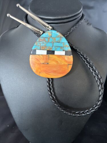 Men's Bolo Tie | Turquoise & Orange Spiny Oyster | Sterling Silver Tips | Authentic Native American Handmade | 14630