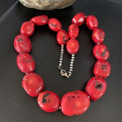 Navajo Red Coral Bead Necklace | Sterling Silver | 22" | Authentic Native American Handmade | 13406 - Masha USA