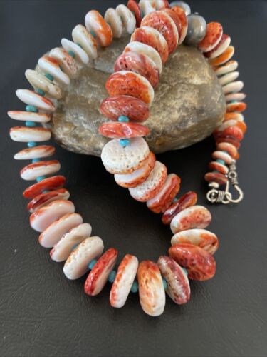 Navajo Turquoise & Red Spiny Oyster Necklace | Sterling Silver | Authentic Native American | Graduated | 22" | 10589 - Masha USA