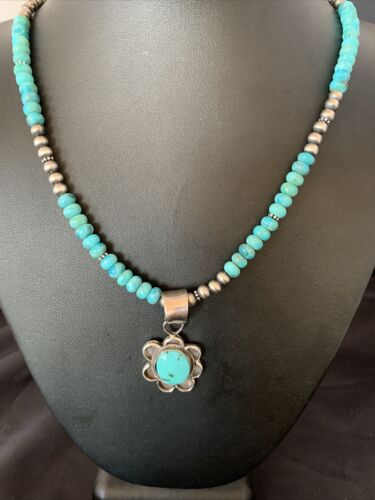 Navajo Blue Turquoise Pendant Necklace | Sterling Silver Pearls | Authentic Native American Handmade | 13217