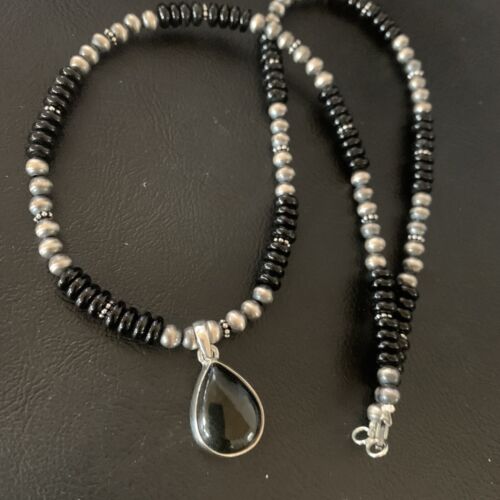 Native American Men's Navajo Pearl Necklace Pendant | Sterling Silver Black Onyx | 11907