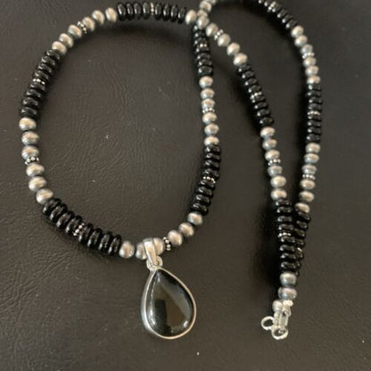 Native American Men's Navajo Pearl Necklace Pendant | Sterling Silver Black Onyx | 11907