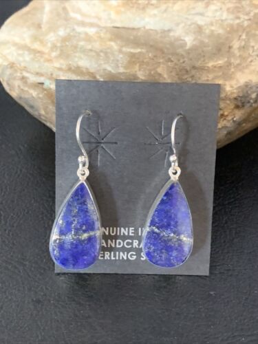 Navajo Blue Lapis Lazuli Dangle Drop Earrings | Sterling Silver | 1" | Authentic Native American Handmade | 14089