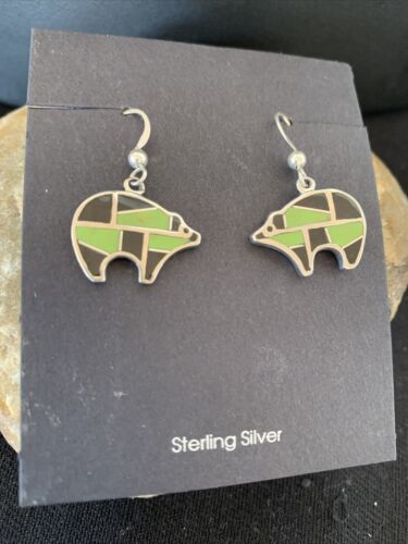 Navajo Green Gaspeite & Onyx Bear Inlay Earrings | Sterling Silver | 0.25" | 1512