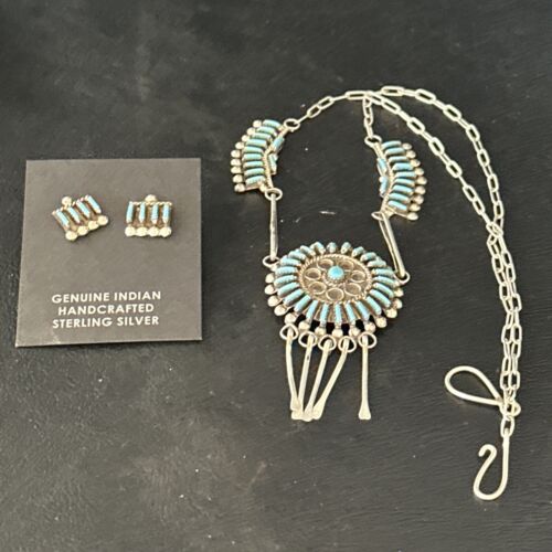 Zuni Kingman Turquoise Needle Point Necklace Pendant Earrings Set | Sterling Silver | Native American Handmade | 14488